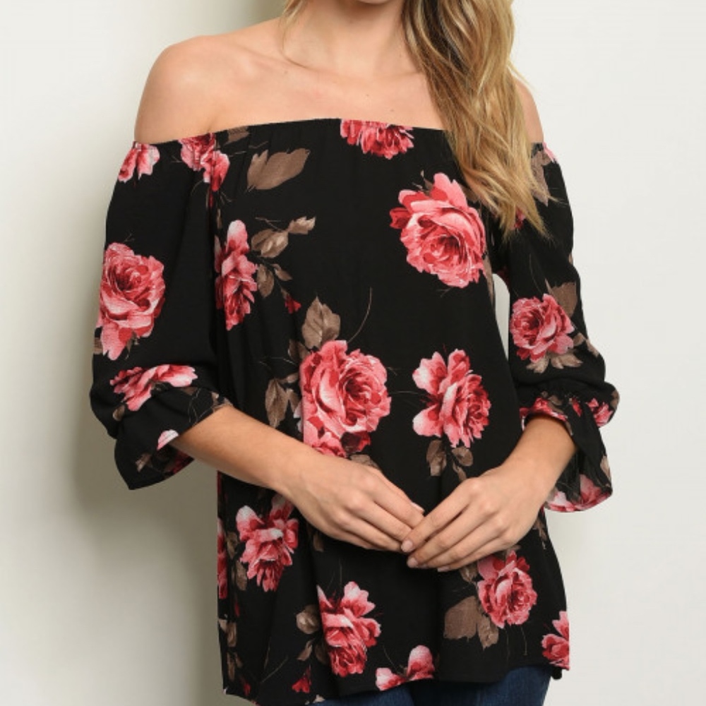 GIRLY & FLIRTY OFF SHOULDER ROSE FLORAL TOP